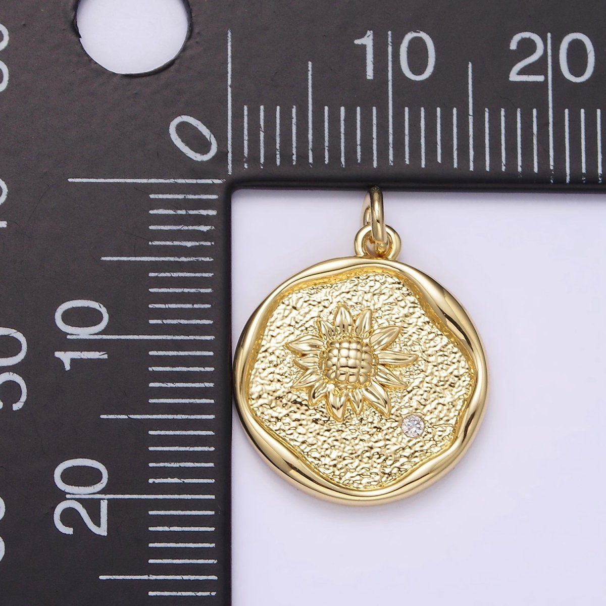 14K Gold plated Clear CZ Sunflower Hammered Stamped Round Charm | AG261 - DLUXCA