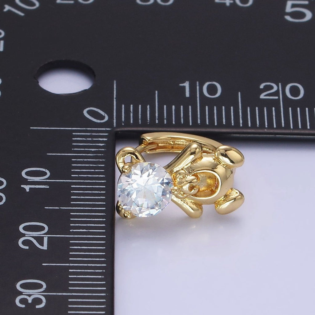 14K Gold plated Clear CZ Teddy Bear Animal Huggie Earrings | AB1254 - DLUXCA