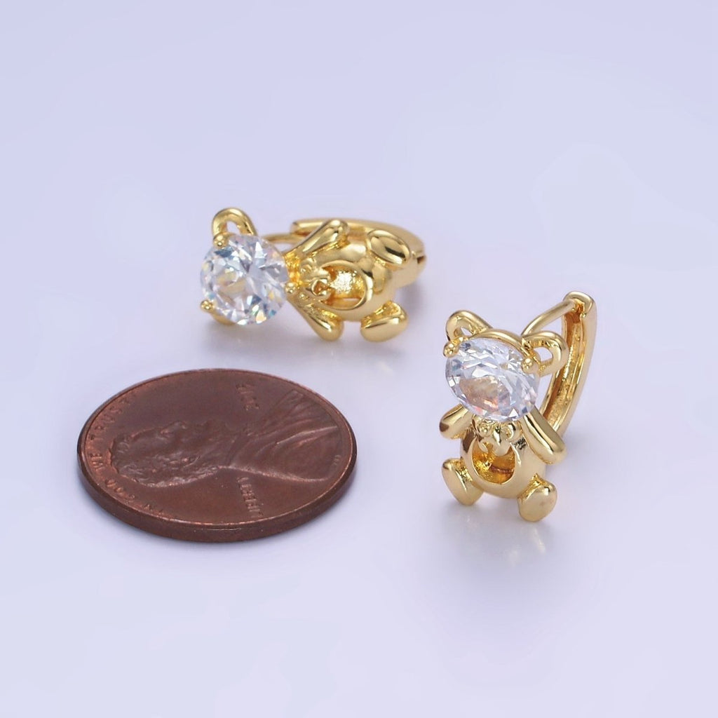 14K Gold plated Clear CZ Teddy Bear Animal Huggie Earrings | AB1254 - DLUXCA