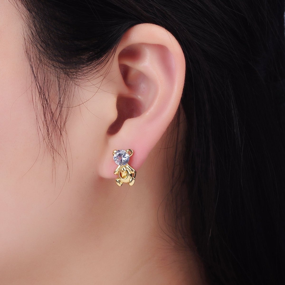 14K Gold plated Clear CZ Teddy Bear Animal Huggie Earrings | AB1254 - DLUXCA