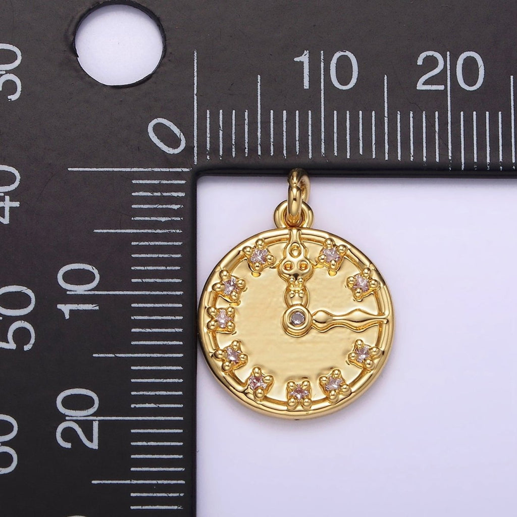 14K Gold plated Clear CZ Time Clock Round Charm | AG264 - DLUXCA