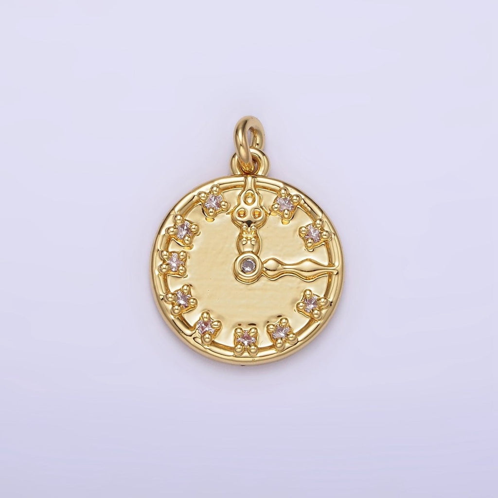 14K Gold plated Clear CZ Time Clock Round Charm | AG264 - DLUXCA