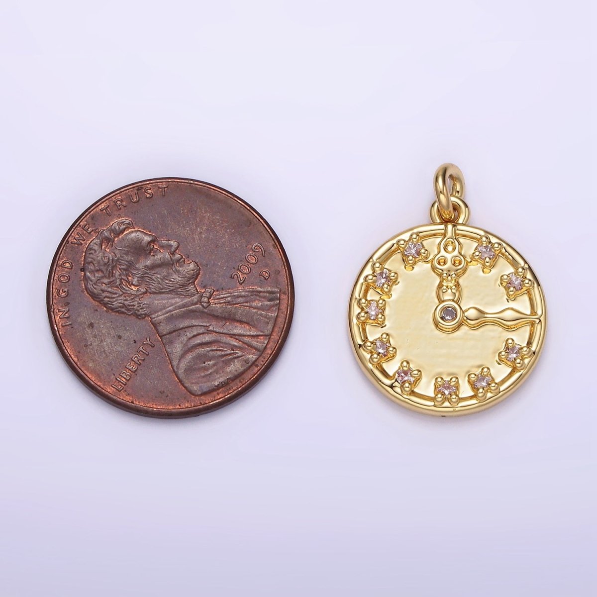 14K Gold plated Clear CZ Time Clock Round Charm | AG264 - DLUXCA