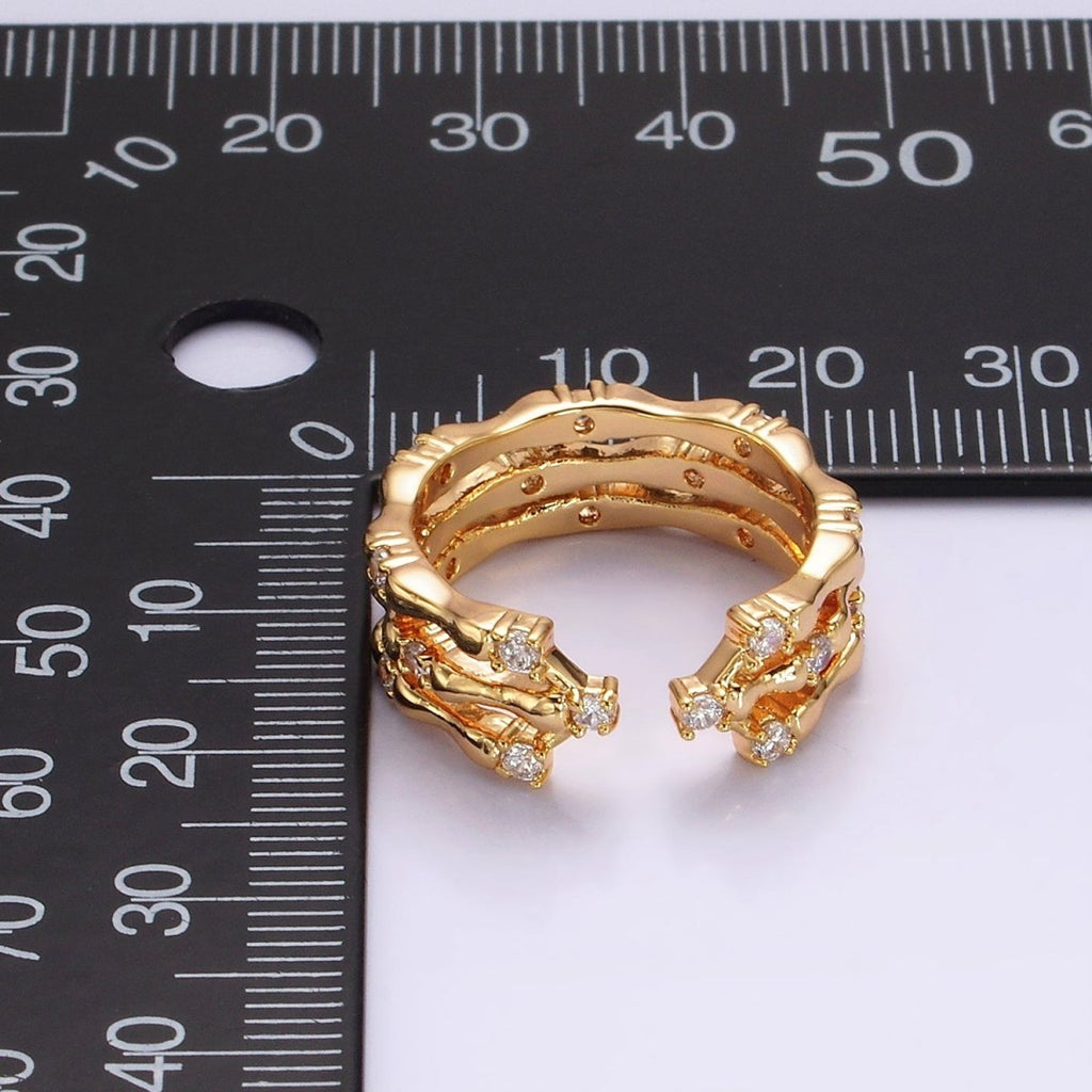 14K Gold plated Clear CZ Triple Bamboo Band Ring | O1085 - DLUXCA