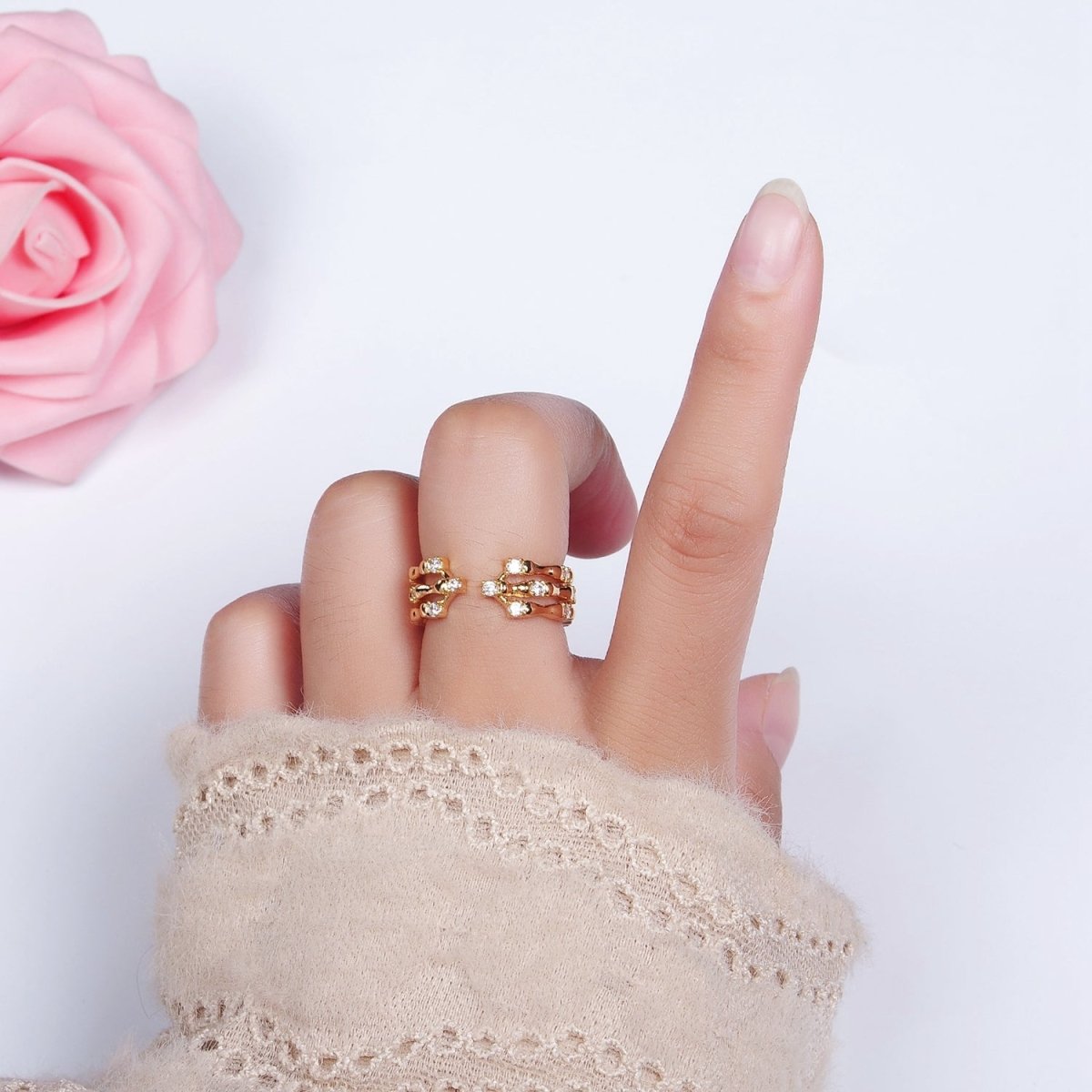 14K Gold plated Clear CZ Triple Bamboo Band Ring | O1085 - DLUXCA