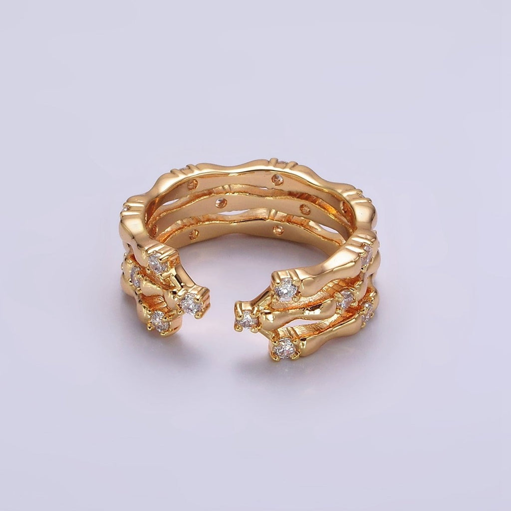 14K Gold plated Clear CZ Triple Bamboo Band Ring | O1085 - DLUXCA