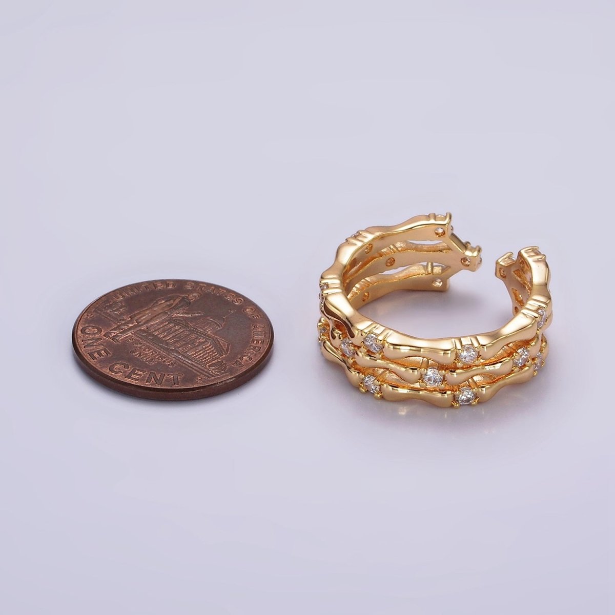 14K Gold plated Clear CZ Triple Bamboo Band Ring | O1085 - DLUXCA