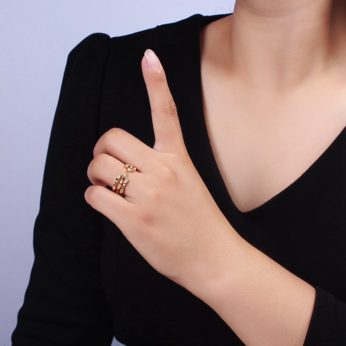 14K Gold plated Clear CZ Triple Bamboo Band Ring | O1085 - DLUXCA