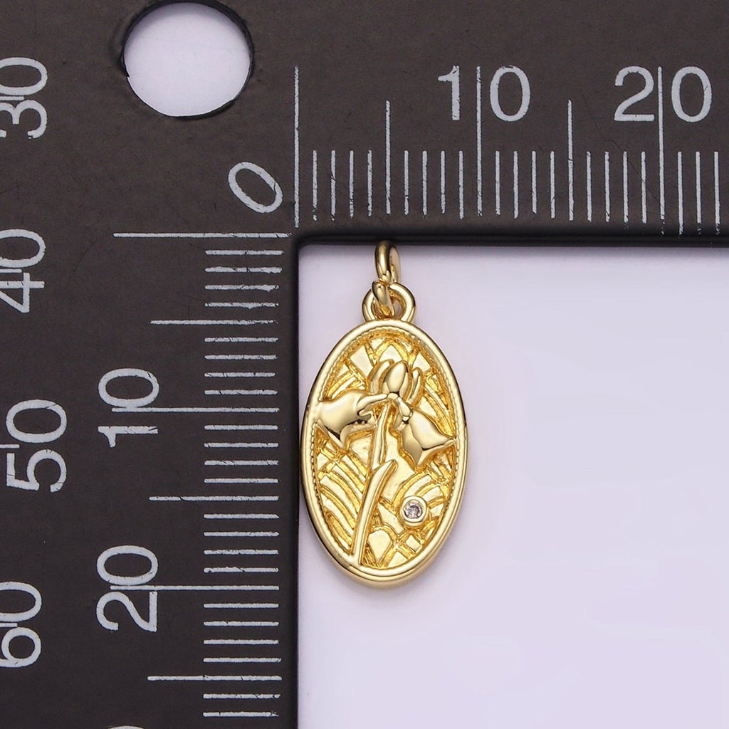 14K Gold plated Clear CZ Triple Tulip Flower Textured Oval Charm | AC782 - DLUXCA