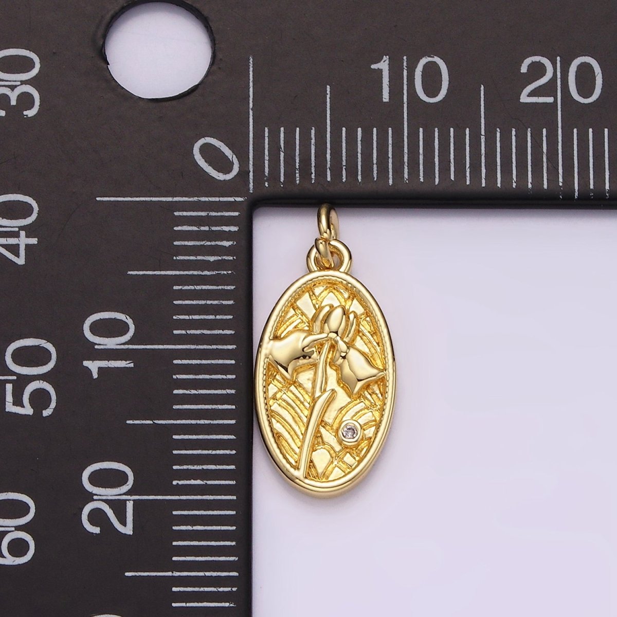 14K Gold plated Clear CZ Triple Tulip Flower Textured Oval Charm | AC782 - DLUXCA