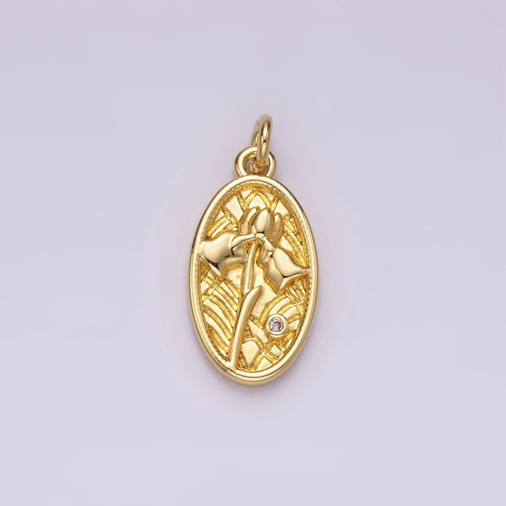 14K Gold plated Clear CZ Triple Tulip Flower Textured Oval Charm | AC782 - DLUXCA