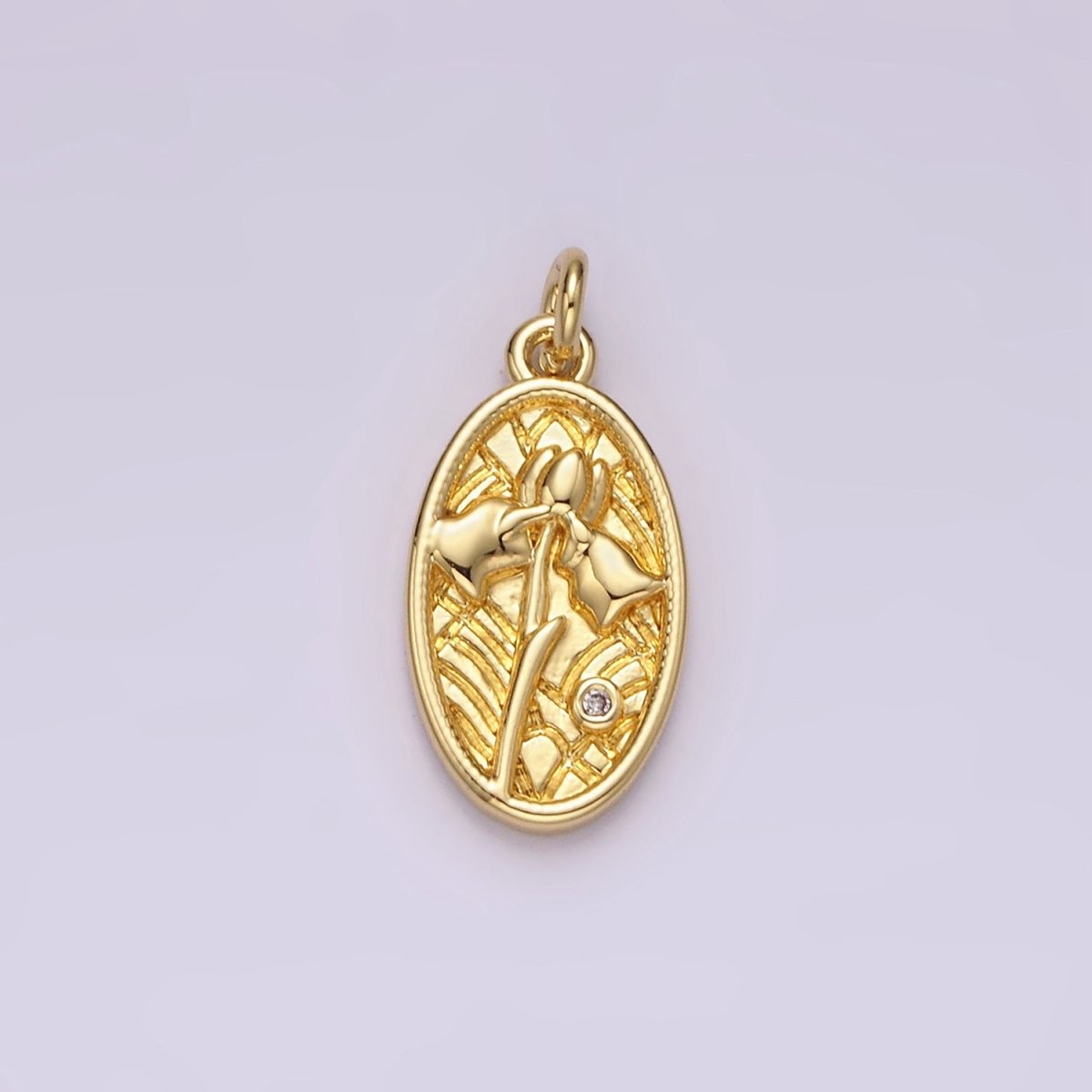 14K Gold plated Clear CZ Triple Tulip Flower Textured Oval Charm | AC782 - DLUXCA
