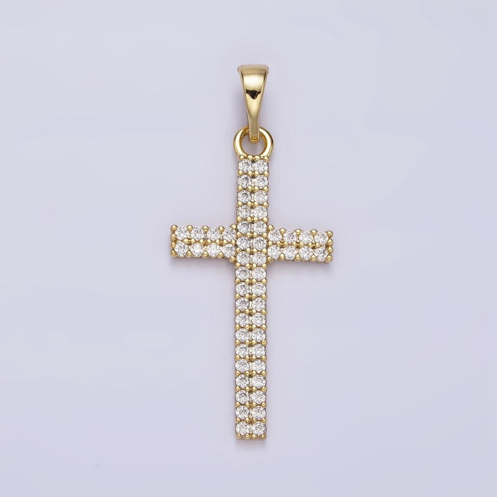 14K Gold plated Clear Double Band CZ Micro Paved Religious Latin Cross like Friends | AA723 - DLUXCA