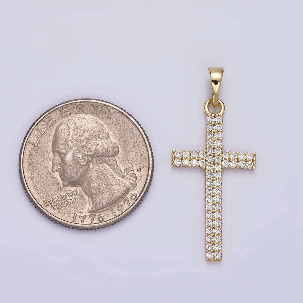 14K Gold plated Clear Double Band CZ Micro Paved Religious Latin Cross like Friends | AA723 - DLUXCA