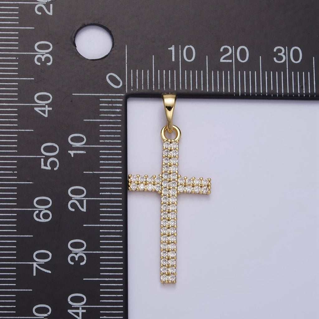 14K Gold plated Clear Double Band CZ Micro Paved Religious Latin Cross like Friends | AA723 - DLUXCA