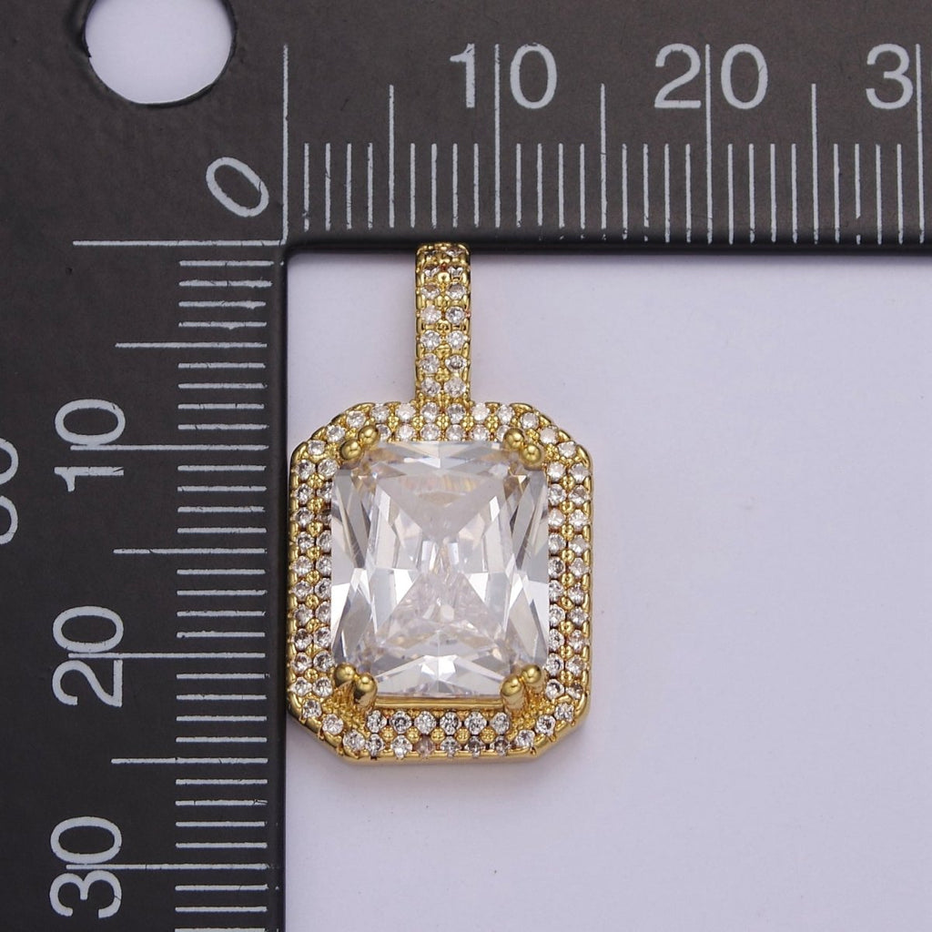 14k Gold plated Clear Emerald Cut CZ Pendant J-750 - DLUXCA