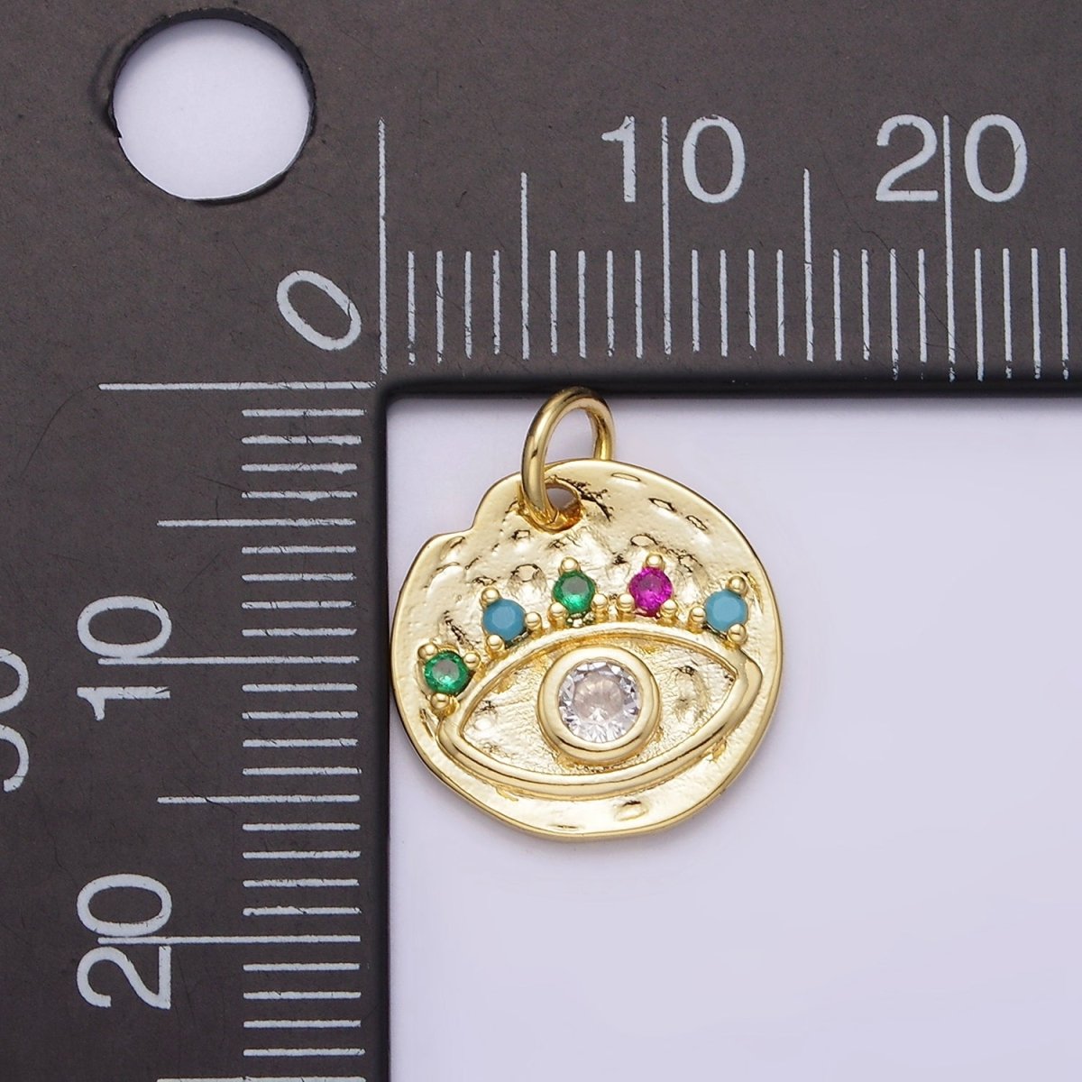 14K Gold plated Clear Evil Eye Multicolor CZ Lash Hammered Round Charm | N991 - DLUXCA