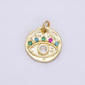 14K Gold plated Clear Evil Eye Multicolor CZ Lash Hammered Round Charm | N991 - DLUXCA