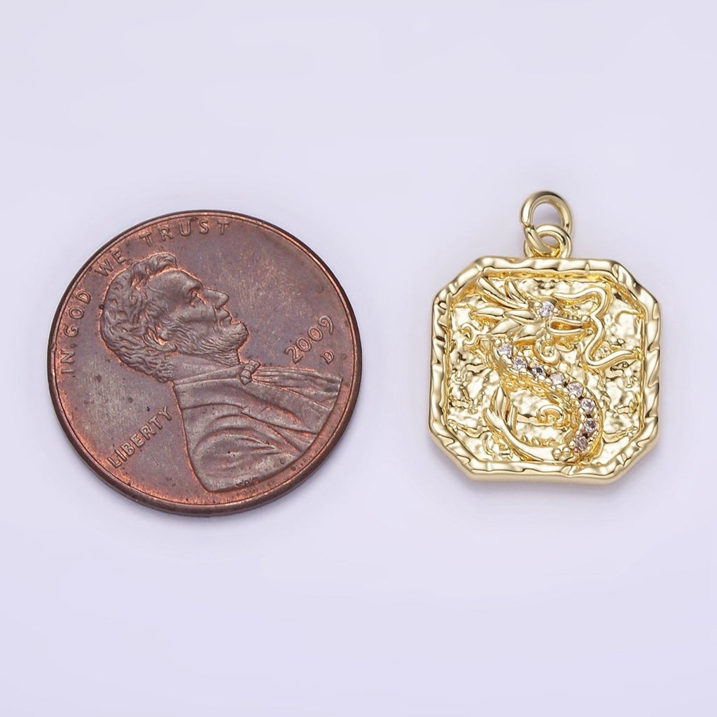 14K Gold plated Clear-Eyed CZ Dragon Micro Paved Hammered Hexagonal Charm | AG281 - DLUXCA