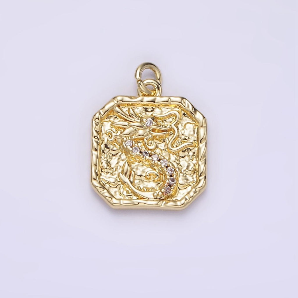14K Gold plated Clear-Eyed CZ Dragon Micro Paved Hammered Hexagonal Charm | AG281 - DLUXCA