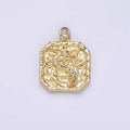 14K Gold plated Clear-Eyed CZ Dragon Micro Paved Hammered Hexagonal Charm | AG281 - DLUXCA