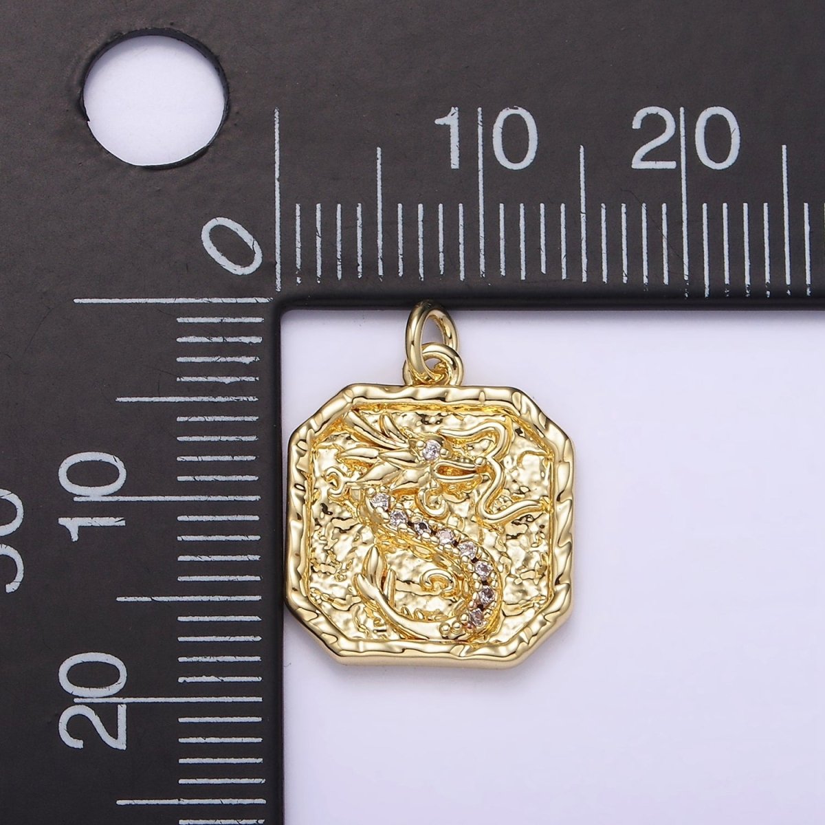 14K Gold plated Clear-Eyed CZ Dragon Micro Paved Hammered Hexagonal Charm | AG281 - DLUXCA
