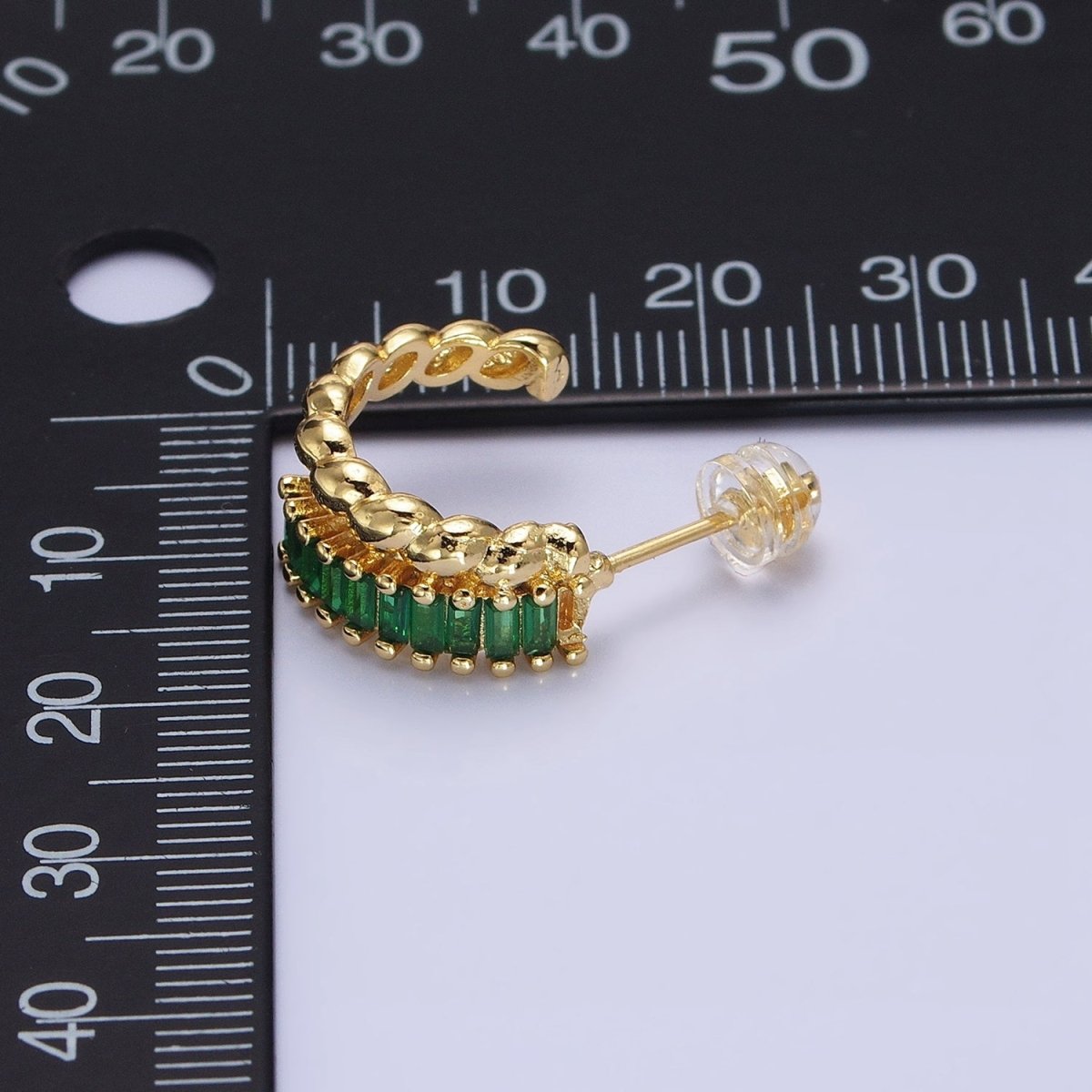 14K Gold plated Clear, Fuchsia, Green Baguette Croissant Double Band C-Shaped Hoop Earrings in Gold & Silver | AB1508 - AB1513 - DLUXCA