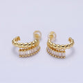 14K Gold plated Clear, Fuchsia, Green Baguette Croissant Double Band C-Shaped Hoop Earrings in Gold & Silver | AB1508 - AB1513 - DLUXCA