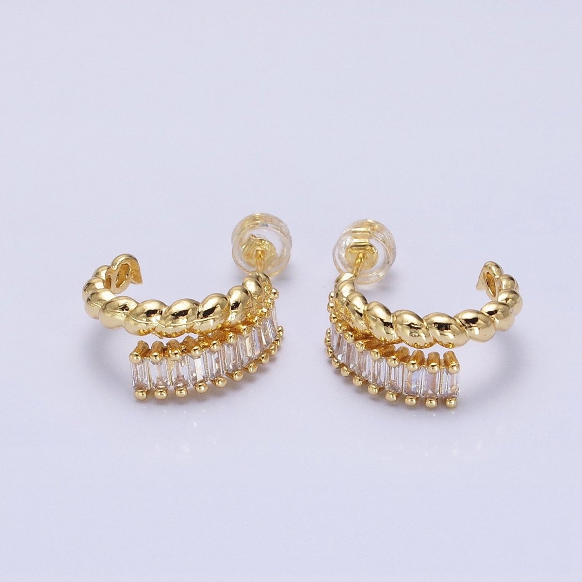 14K Gold plated Clear, Fuchsia, Green Baguette Croissant Double Band C-Shaped Hoop Earrings in Gold & Silver | AB1508 - AB1513 - DLUXCA