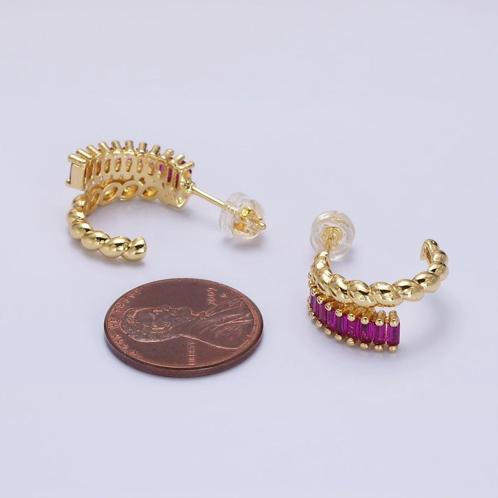 14K Gold plated Clear, Fuchsia, Green Baguette Croissant Double Band C-Shaped Hoop Earrings in Gold & Silver | AB1508 - AB1513 - DLUXCA