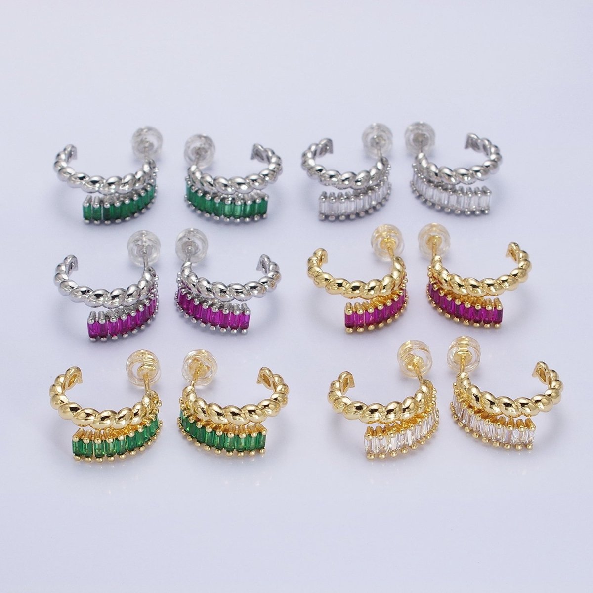 14K Gold plated Clear, Fuchsia, Green Baguette Croissant Double Band C-Shaped Hoop Earrings in Gold & Silver | AB1508 - AB1513 - DLUXCA
