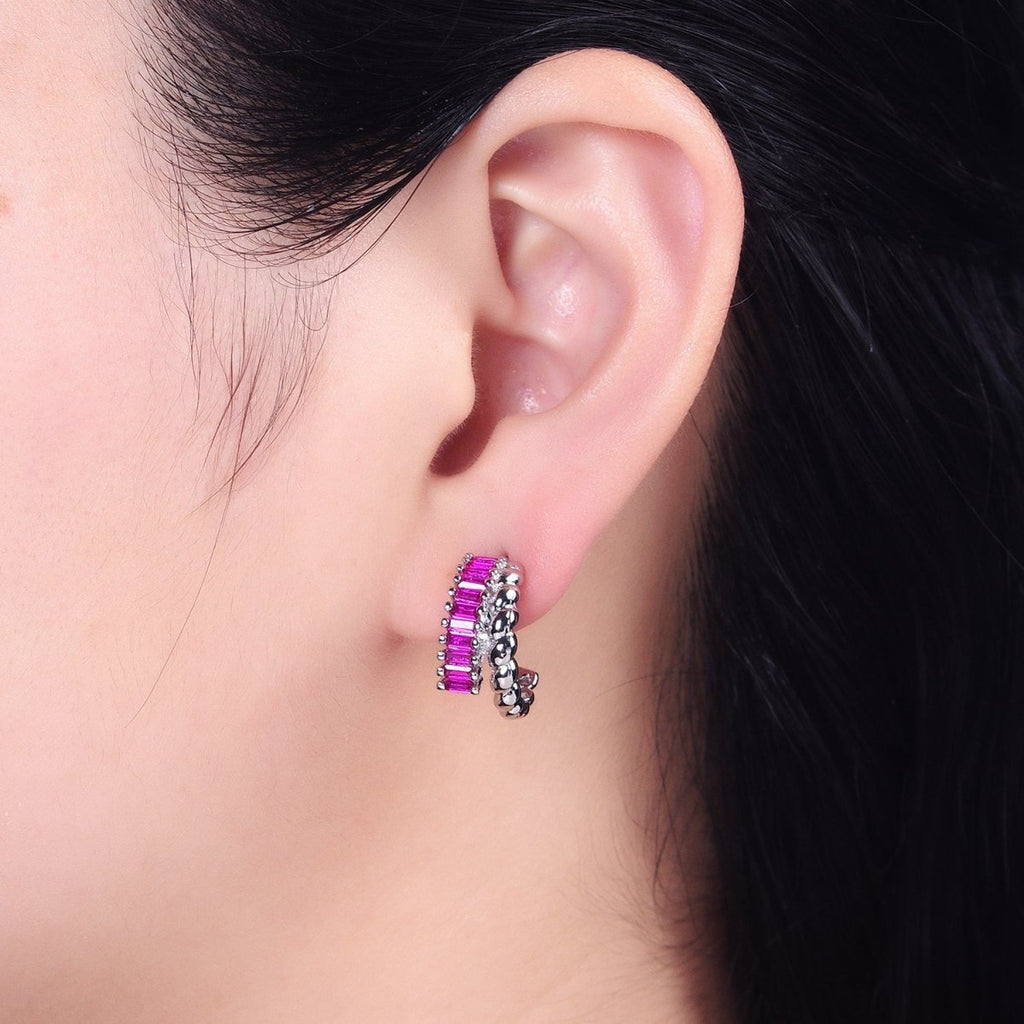 14K Gold plated Clear, Fuchsia, Green Baguette Croissant Double Band C-Shaped Hoop Earrings in Gold & Silver | AB1508 - AB1513 - DLUXCA