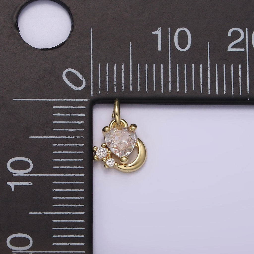 14K Gold plated Clear Heart CZ Celestial Crescent Moon Add-On Charm | AG255 - DLUXCA