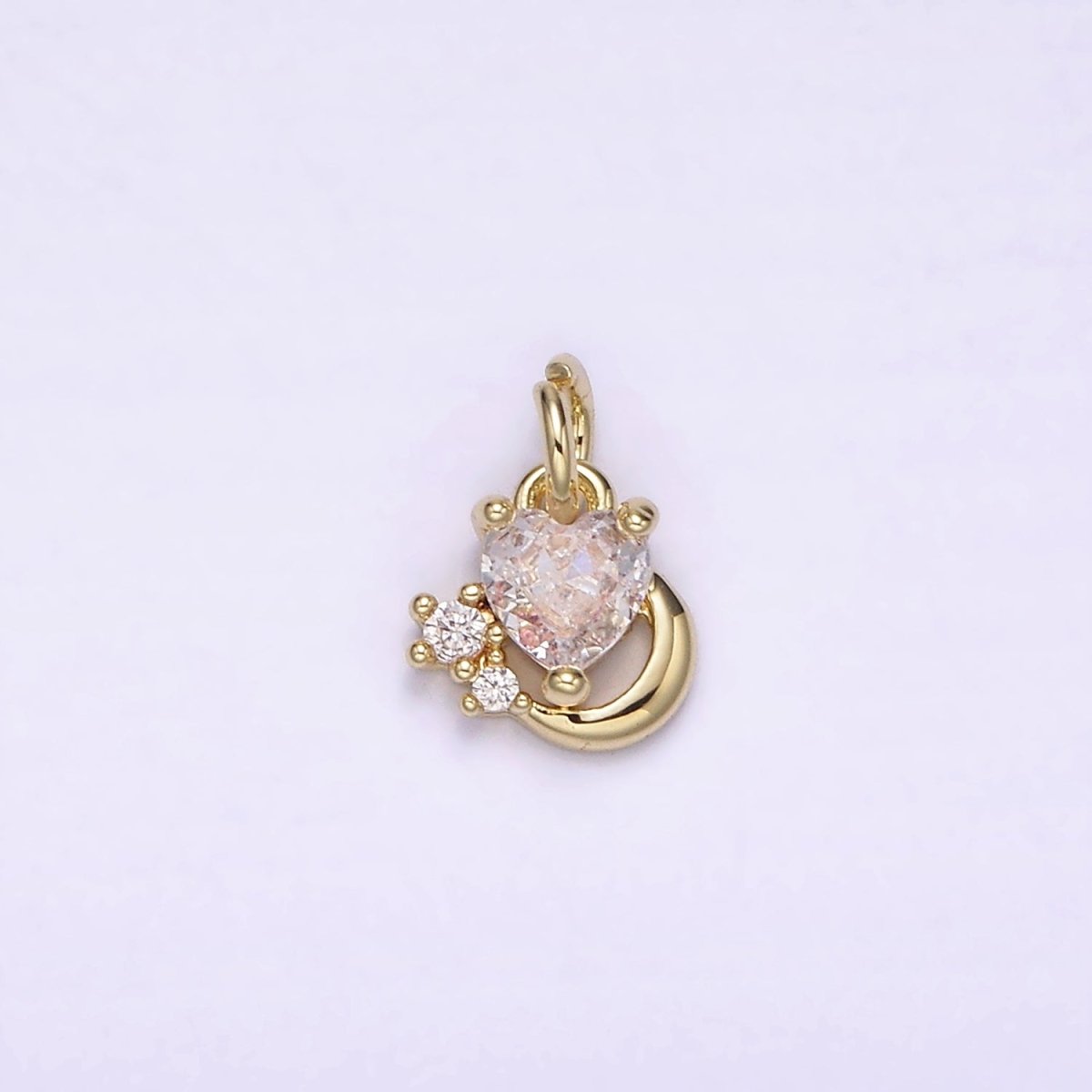 14K Gold plated Clear Heart CZ Celestial Crescent Moon Add-On Charm | AG255 - DLUXCA