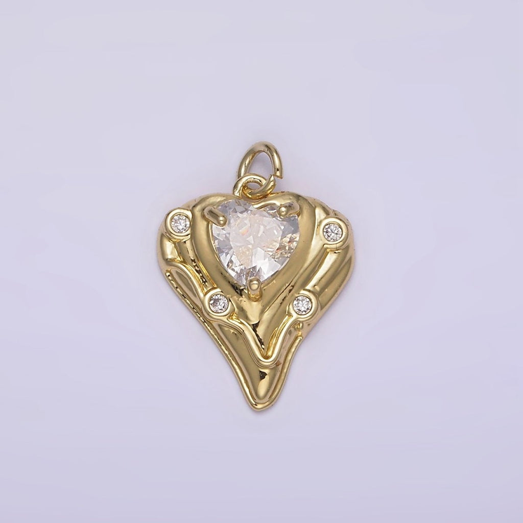 14K Gold plated Clear Heart CZ Dotted Melt Molten Drip Charm | AG221 - DLUXCA