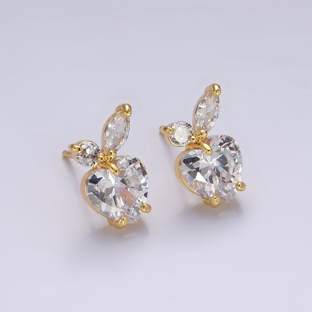 14K Gold plated Clear Heart CZ Marquise Leaf Fruit Stud Earrings | AE961 - DLUXCA