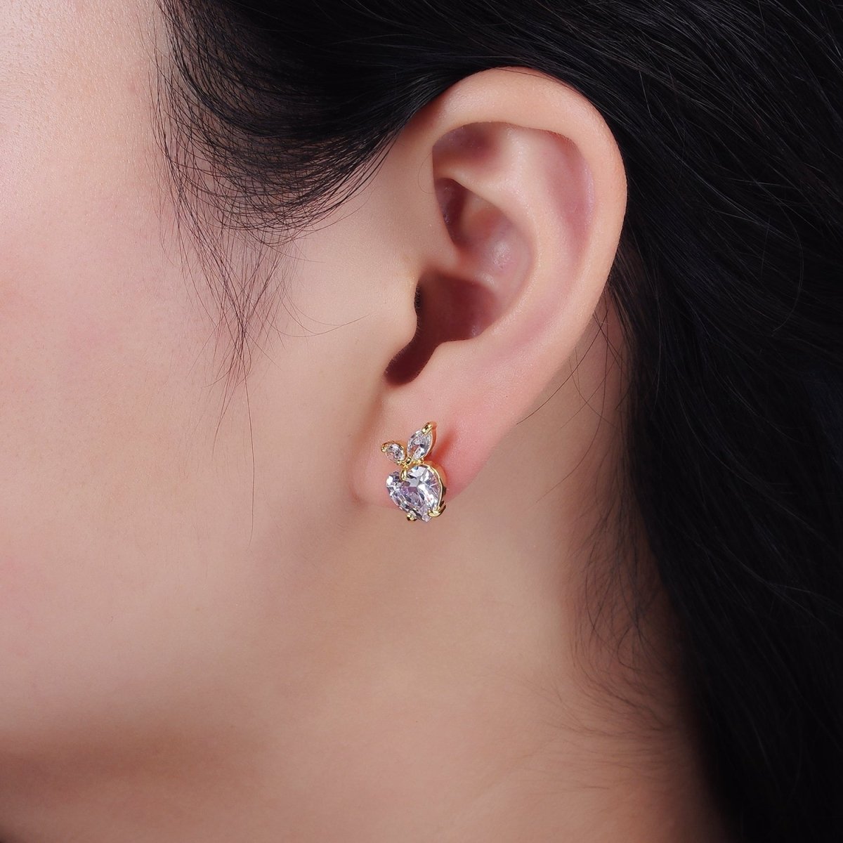 14K Gold plated Clear Heart CZ Marquise Leaf Fruit Stud Earrings | AE961 - DLUXCA