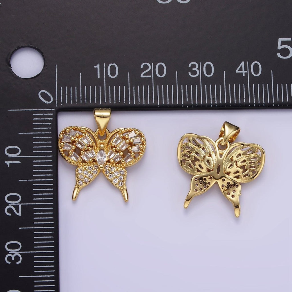 14K Gold plated Clear Marquise Baguette Micro Paved Butterfly Insect Pendant | AA1146 - DLUXCA