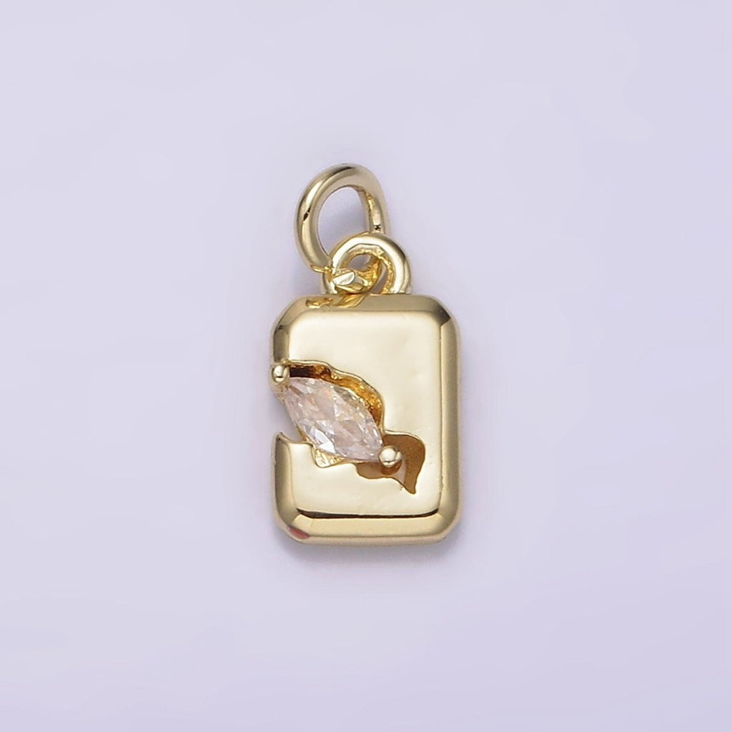 14K Gold plated Clear Marquise CZ Cracked Tag Rectangular Charm | AG189 - DLUXCA