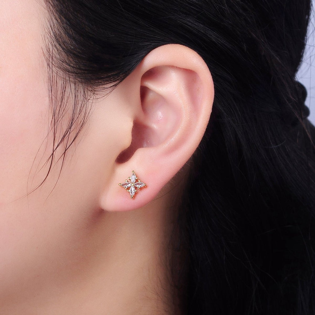 14K Gold plated Clear Marquise Flower Petal Stud Earrings | AE860 - DLUXCA