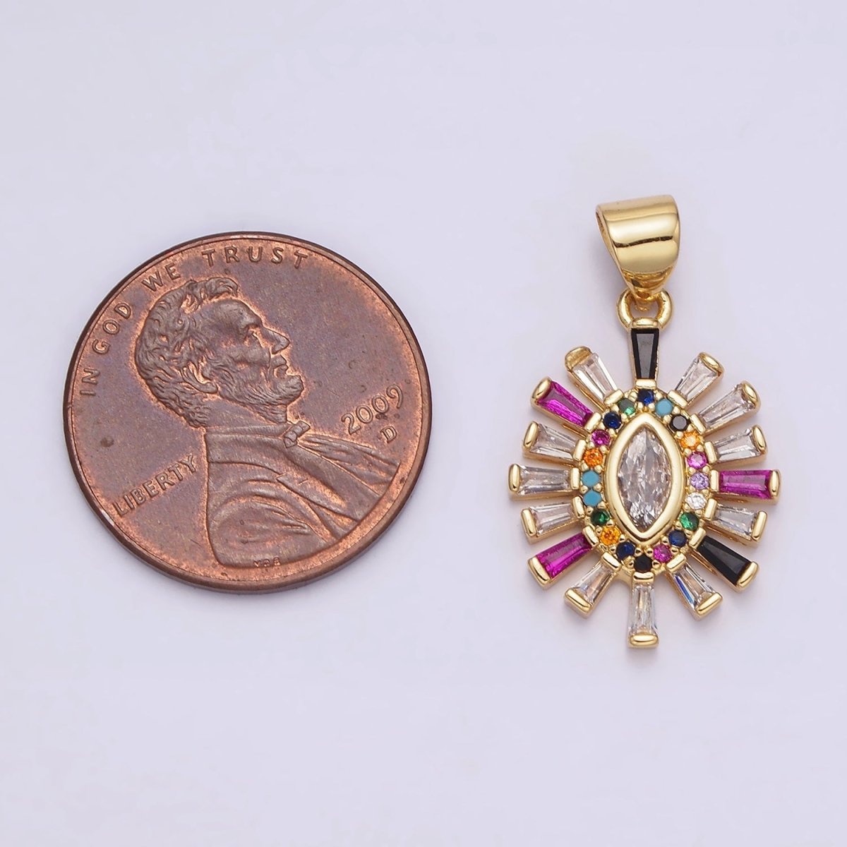 14K Gold plated Clear Marquise Multicolor Micro Paved CZ Baguette Outline Pendant | AA612 - DLUXCA