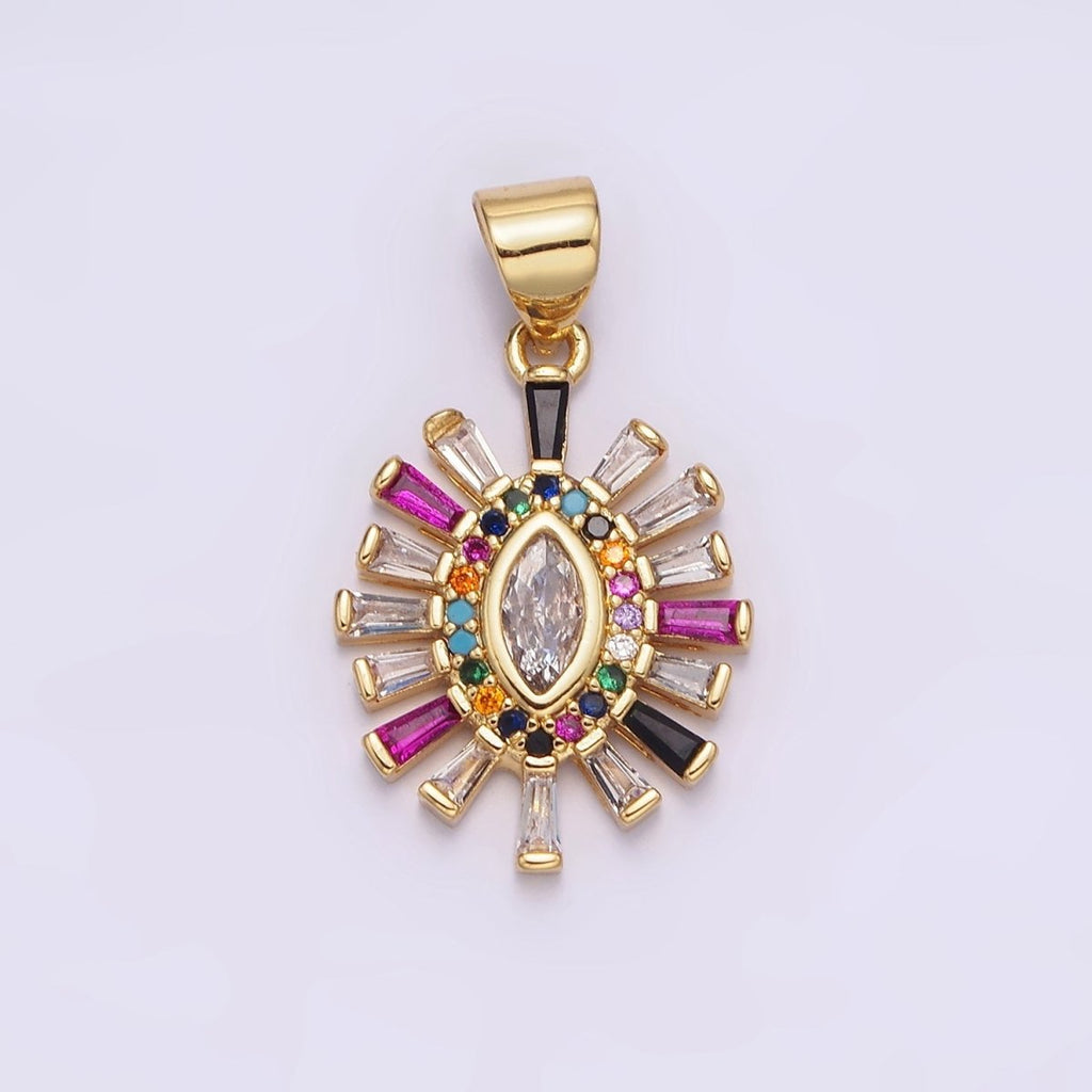 14K Gold plated Clear Marquise Multicolor Micro Paved CZ Baguette Outline Pendant | AA612 - DLUXCA