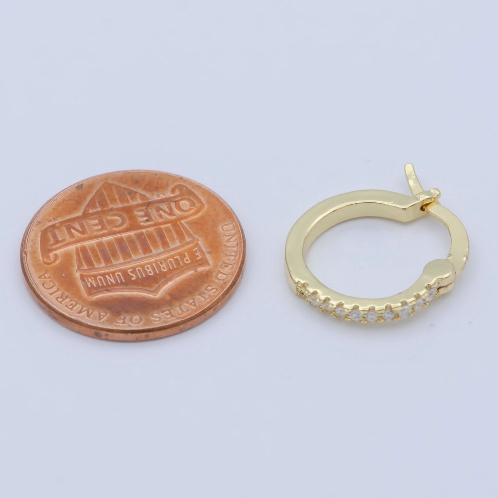 14K Gold plated Clear Micro Paved 15mm Latch Hoop Earrings | Leo-770 - DLUXCA