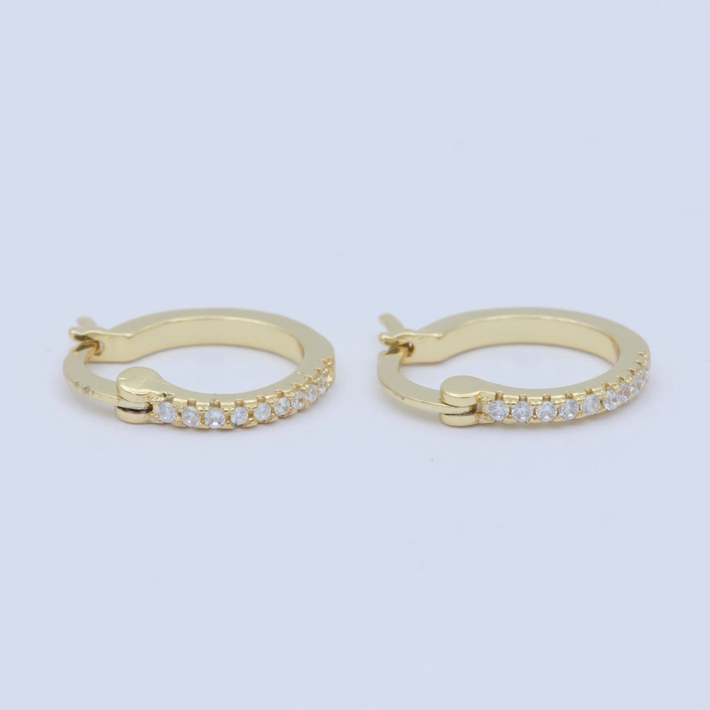14K Gold plated Clear Micro Paved 15mm Latch Hoop Earrings | Leo-770 - DLUXCA