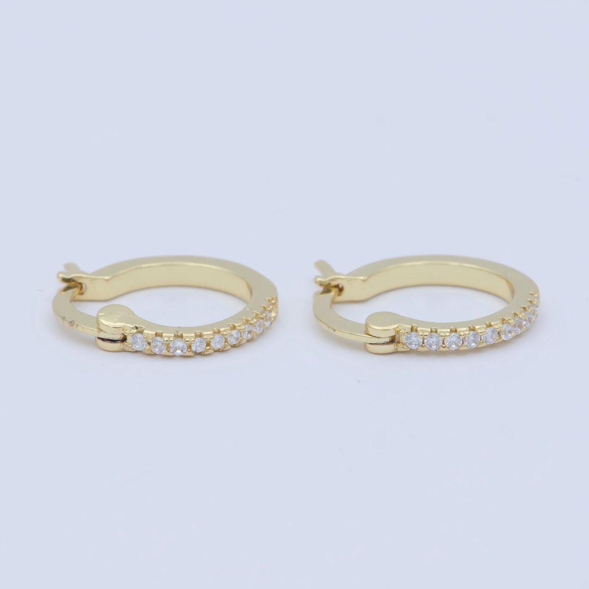 14K Gold plated Clear Micro Paved 15mm Latch Hoop Earrings | Leo-770 - DLUXCA