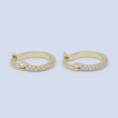 14K Gold plated Clear Micro Paved 15mm Latch Hoop Earrings | Leo-770 - DLUXCA