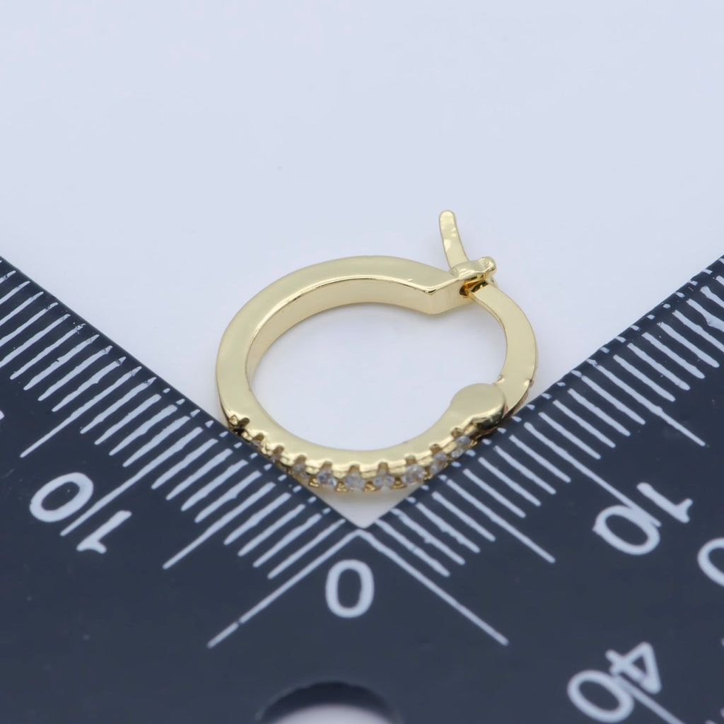 14K Gold plated Clear Micro Paved 15mm Latch Hoop Earrings | Leo-770 - DLUXCA