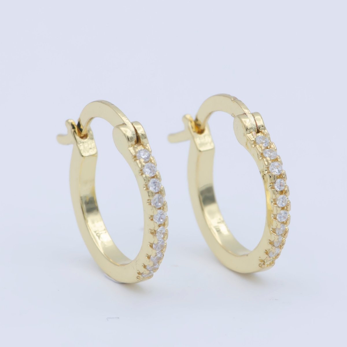 14K Gold plated Clear Micro Paved 15mm Latch Hoop Earrings | Leo-770 - DLUXCA