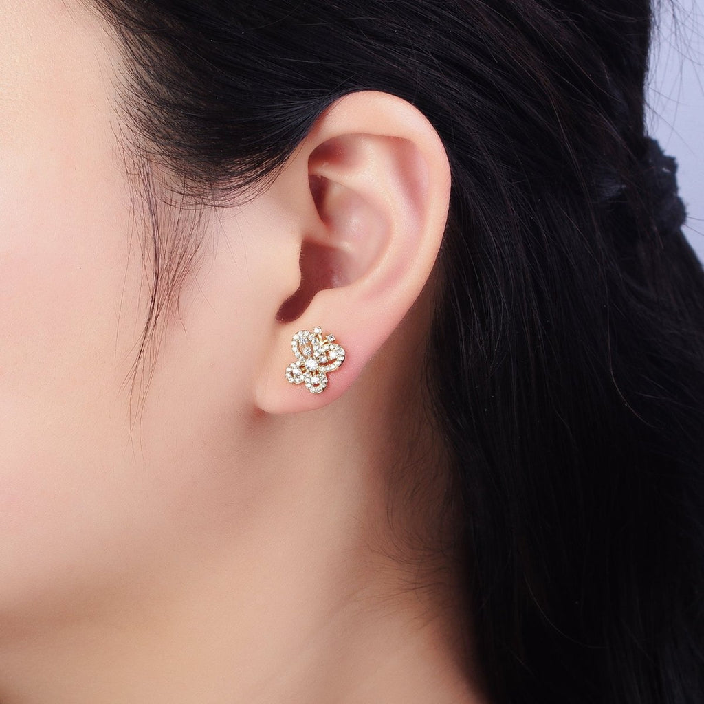 14K Gold plated Clear Micro Paved CZ Butterfly Mariposa Insect Stud Earrings | AD1531 - DLUXCA