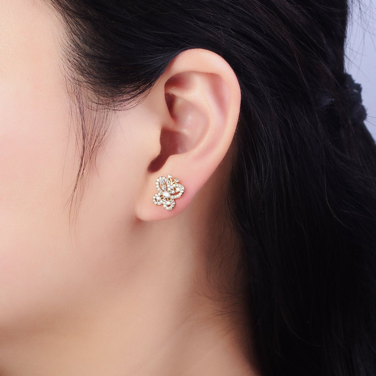 14K Gold plated Clear Micro Paved CZ Butterfly Mariposa Insect Stud Earrings | AD1531 - DLUXCA